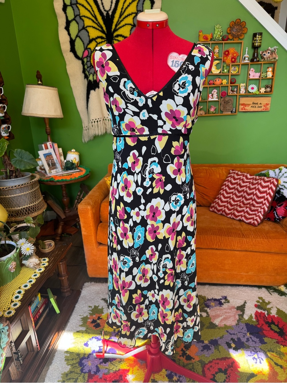 Floral V-Neck Black Maxi Dress with Pink & Blue Flowers